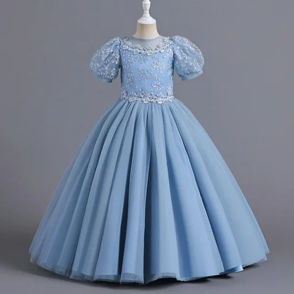 8901 Vestido Infantil para Meninas de 4 a 12 anos Princesa Lantejoulas Manga Bufante Longo Tule Florista Casamento Verão Pequeno