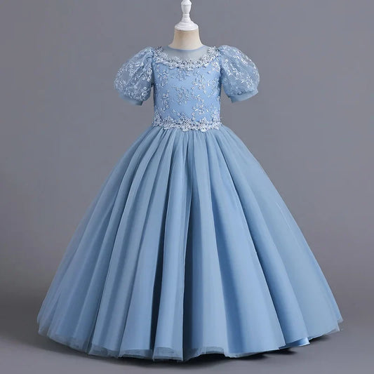 Children's Dress for Girls' 4-12 years old Princess Sequin Bubble Sleeve Long Mesh Flower Girl Wedding Little Summer