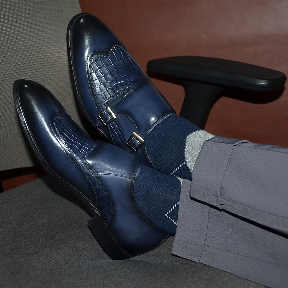 Classic Men's Genuine Leather Dress Shoes Double Buckle Monk Strap Wingtip Crocodile Print Business Office Formal Footwear Man