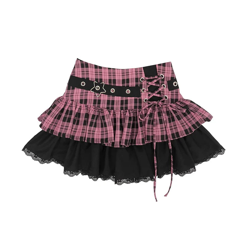 Elegant Plaid Lace-up Sexy Lace Y2k Sweet Subculture Cake Skirt Women Summer New Street A-line High Waist Versatile Punk Skirts