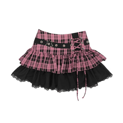 Elegant Plaid Lace-up Sexy Lace Y2k Sweet Subculture Cake Skirt Women Summer New Street A-line High Waist Versatile Punk Skirts