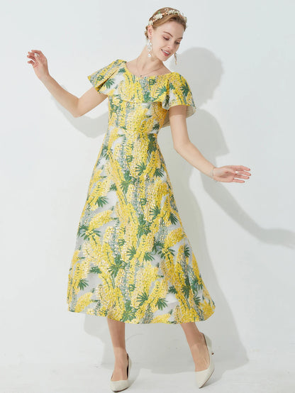 French Embellished Jacquard Dress for Women Waist-Cinching Slim-Fit Midi Dress with 3D Jacquard Perfect for Banquets
