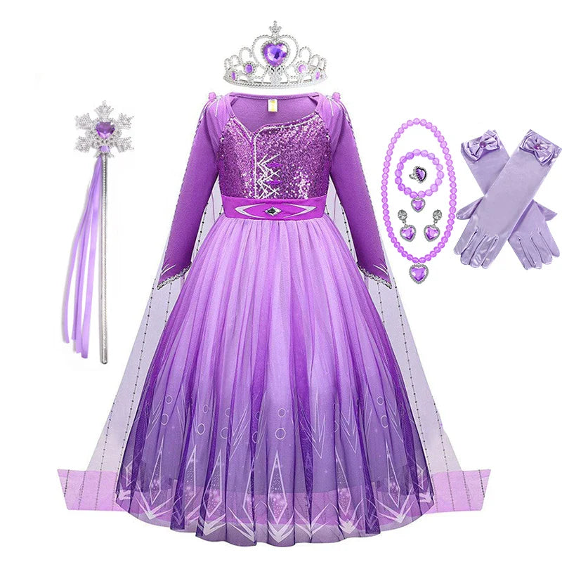 Snow Queen Elsa Princess Dress for Kids Girls Cosplay Frozen 2 Costume Birthday Party Children Purple Sequins Mesh Clothes 2-10Y