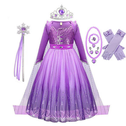 Snow Queen Elsa Princess Dress for Kids Girls Cosplay Frozen 2 Costume Birthday Party Children Purple Sequins Mesh Clothes 2-10Y