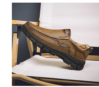 Men's Casual Loafers Handmade Breathable Leather Shoes with Thick Rubber Sole Comfortable Footwear Classic Hand Sewn Seams