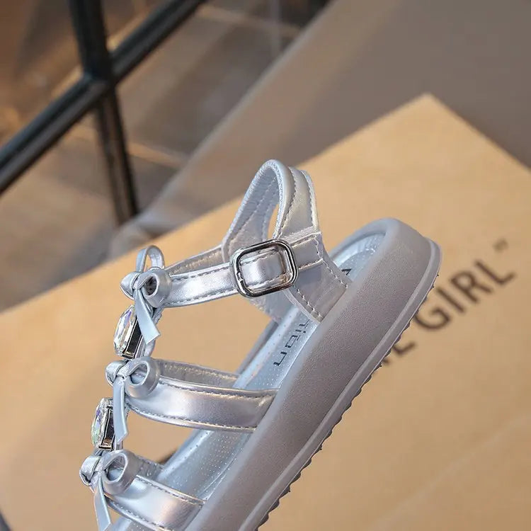 Summer Kids Fashion Hollow-out Roman Sandals Student Water Diamond Bow Sandals Sweet Bowknot Comfortable Elegant Girls Shoes