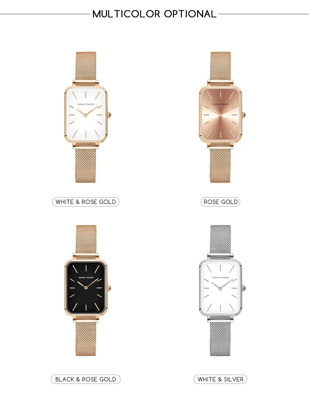 Square Women Stainless Steel Mesh Strap Watch Fashion Japanese Movement Rose Gold Simple Leisure Fashion Hannah Martin Watches