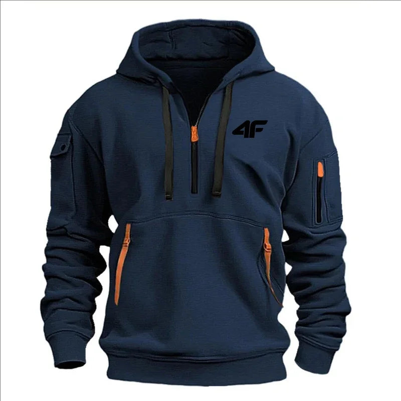Men's hooded sweater casual sports jumper vintage Harajuku long sleeve zipper multi-pocket casual loose coat Street