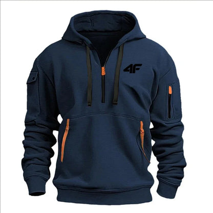 Men's hooded sweater casual sports jumper vintage Harajuku long sleeve zipper multi-pocket casual loose coat Street