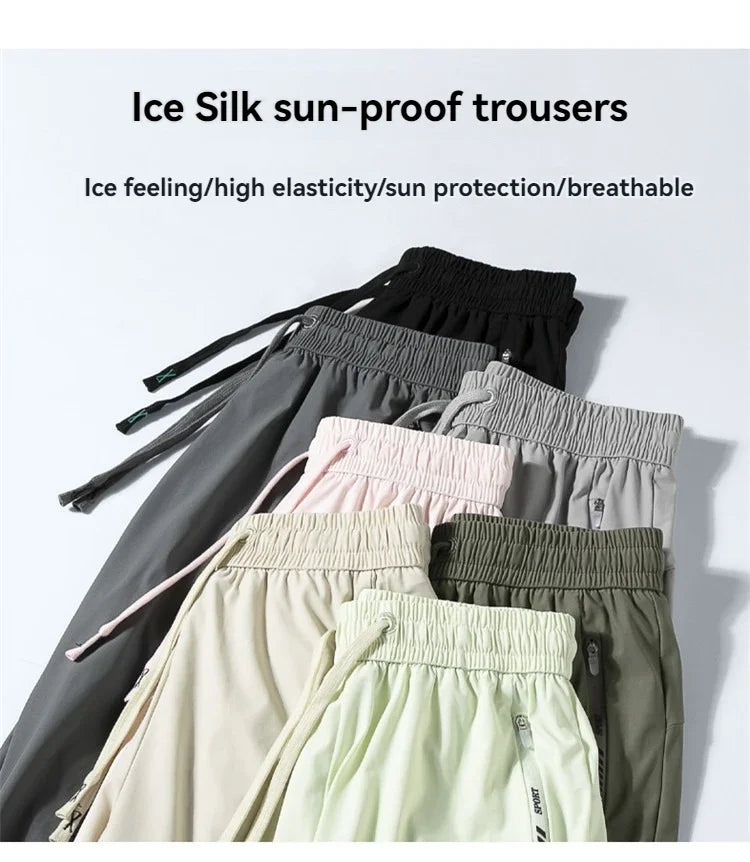 2026 Summer Ice Silk Elastic Joggers Pants for Men Women Thin Trendy Loose Sports Casual Couples Comfortable Straight Leg Tights
