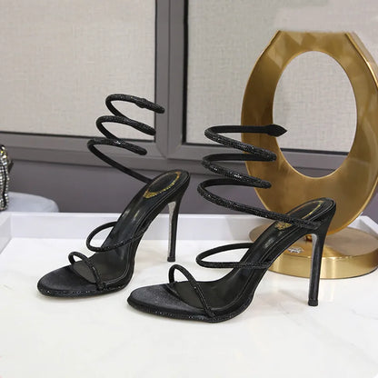 Luxury Rhinestones Snake Coiled Stiletto Heeled Women Gladiator Sandals 2024 Summer Silver Sole High heels Banquet Wedding Shoes