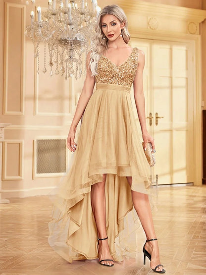 Elegant Women Sleeveless Sequins V-Back Floor Length Formal Evening Dresses Luxury V-neck Wedding Party Cocktail Gowns