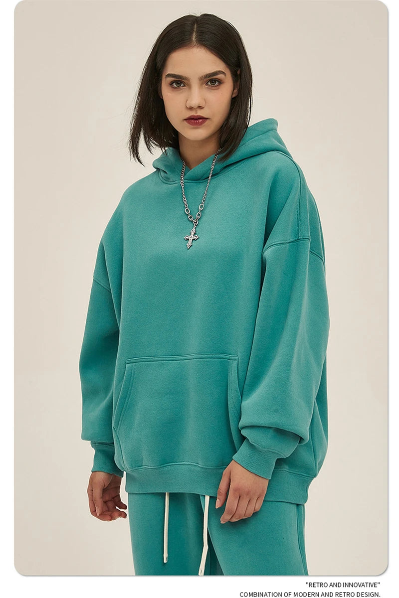 Thick 350gsm Fleece Hooded Hoodies For Men Unisex Winter Oversized Loose Basic Solid Sweatshirts Pullovers Coats HY0631