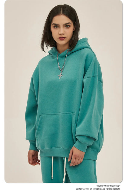Thick 350gsm Fleece Hooded Hoodies For Men Unisex Winter Oversized Loose Basic Solid Sweatshirts Pullovers Coats HY0631