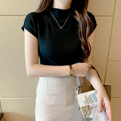 New Women Summer Knitted Turtleneck Sleeveless T-Shirts Tops Solid Slim Fit Pullovers Causal Tees Female Streetwear Basics Tees