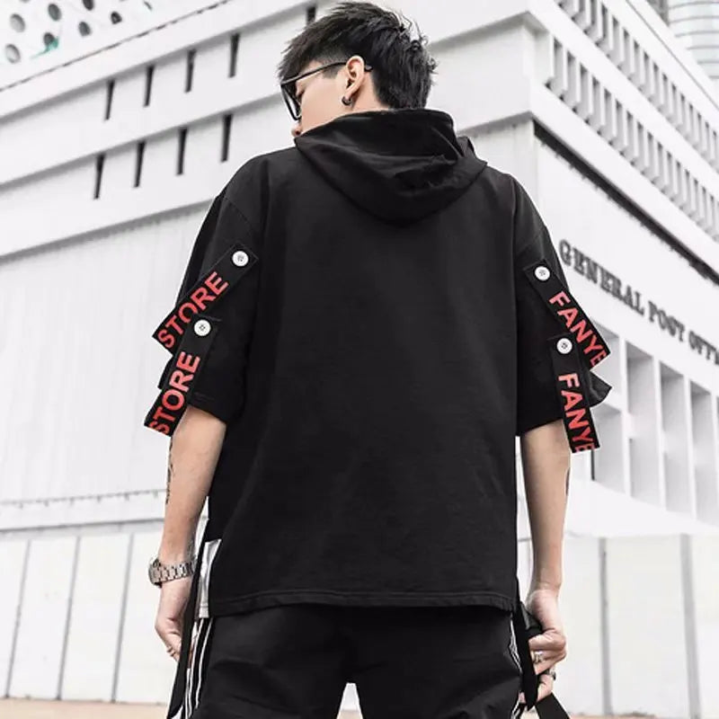 New Men's Hoodies Sweatshirt Autumn Casual Techwear Hip Hop Harajuku Hoodie Men Ribbons Patchwork Japanese Streetwear Darkwear
