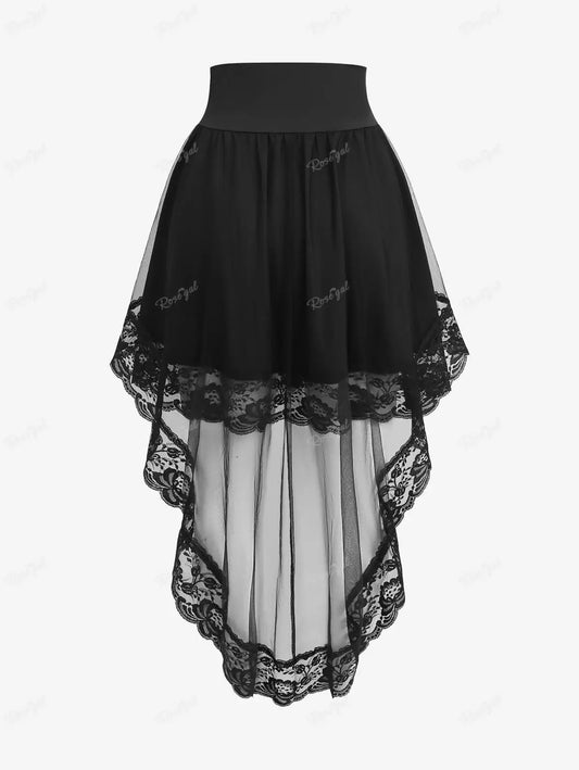 Plus Size Asymmetric A Line Skirt Black Patchwork Floral Lace Overlay Lace-up Ruched Peplum Hem High Low Skirts