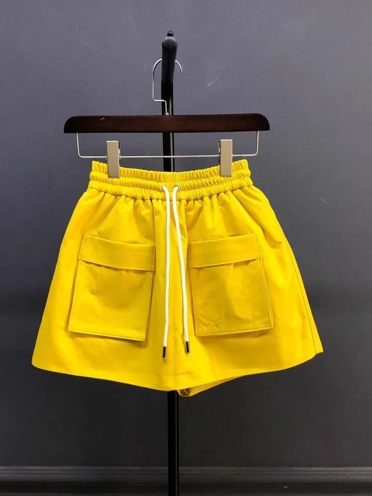 New Autumn Natural Sheepskin Elastic Waist Shorts Skirts A-Line Pocket Wide Leg Casual Above Knee Mini Genuine Leather Skirt 4XL