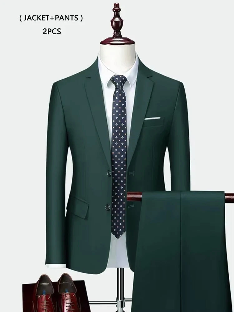 ( Jacket +Vest+ Pants ) Luxury Men's High-end Brand Solid Color Business Office Suit 3Pcs & 2Pcs Groom Wedding Party Suit Tuxedo