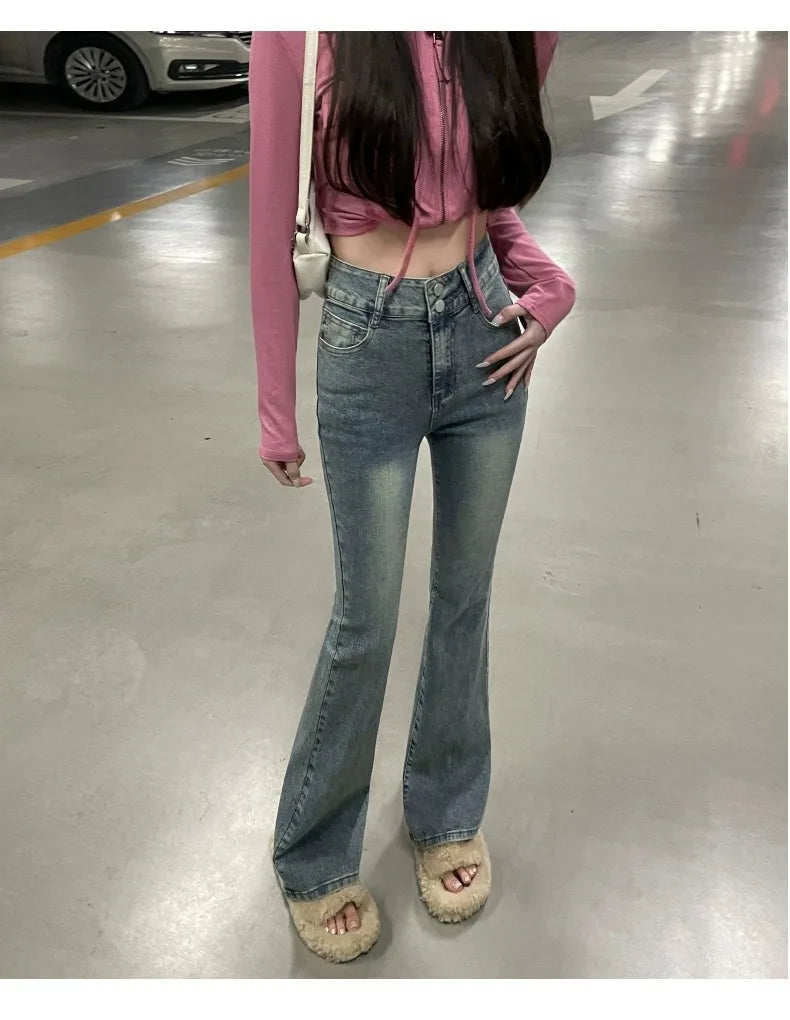 Autumn Winter American Sle High Waist Slim Fit Drapey Micro Flared Jeans Women's Premium Denim Pants