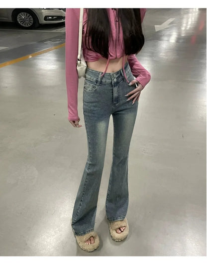 Autumn Winter American Sle High Waist Slim Fit Drapey Micro Flared Jeans Women's Premium Denim Pants