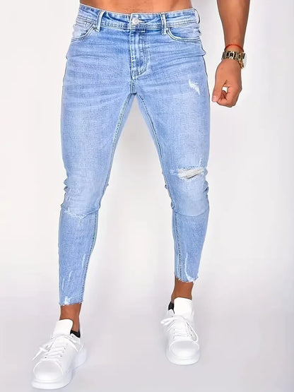 Men's Casual Slim Fit Ripped Jeans, Men's Versatile Street Style Denim Pants For All Seasons