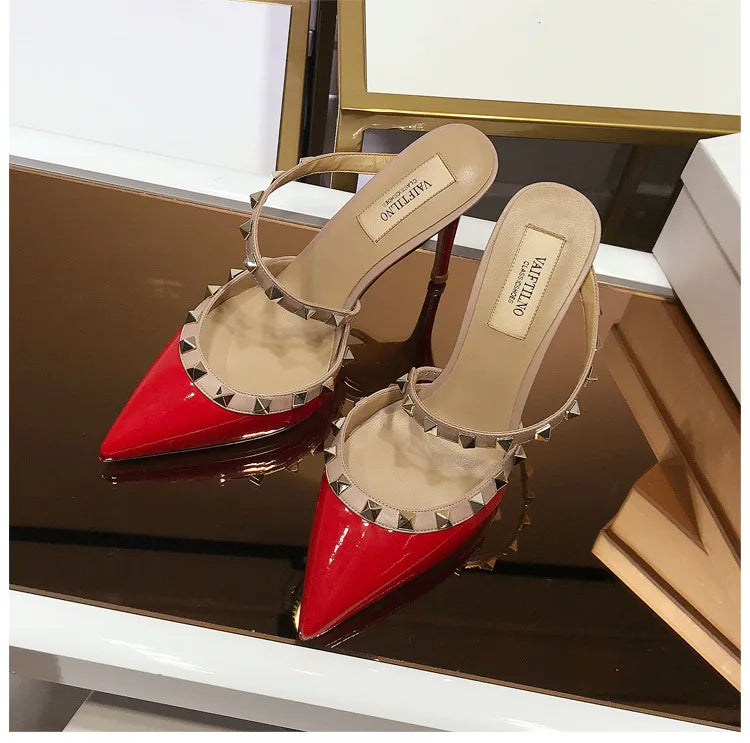 2025 New Genuine Leather Gladiator Pumps Sandals Luxury Metal Rivets Summer Women Outdoor Slippers Black Fashion High Heels 41