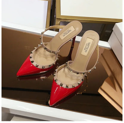 2025 New Genuine Leather Gladiator Pumps Sandals Luxury Metal Rivets Summer Women Outdoor Slippers Black Fashion High Heels 41