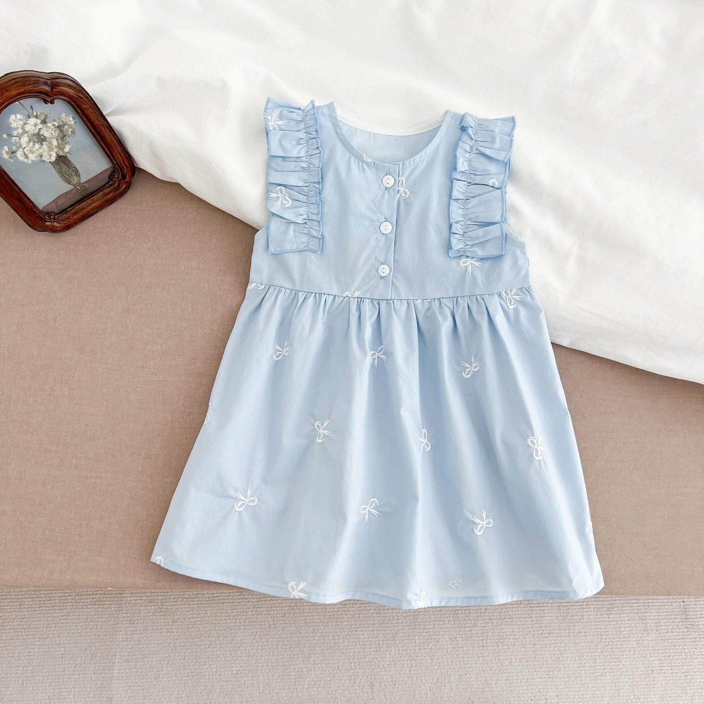 Summer Girls Dress Children's Clothing Bow Embroidered Flower Collar Girl's Dress Cartoon Printed Flying Sleeves Princess Dress