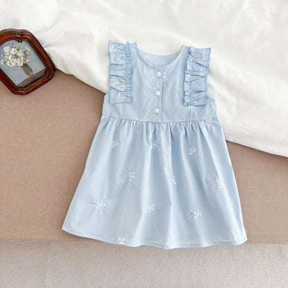 Summer Girls Dress Children's Clothing Bow Embroidered Flower Collar Girl's Dress Cartoon Printed Flying Sleeves Princess Dress