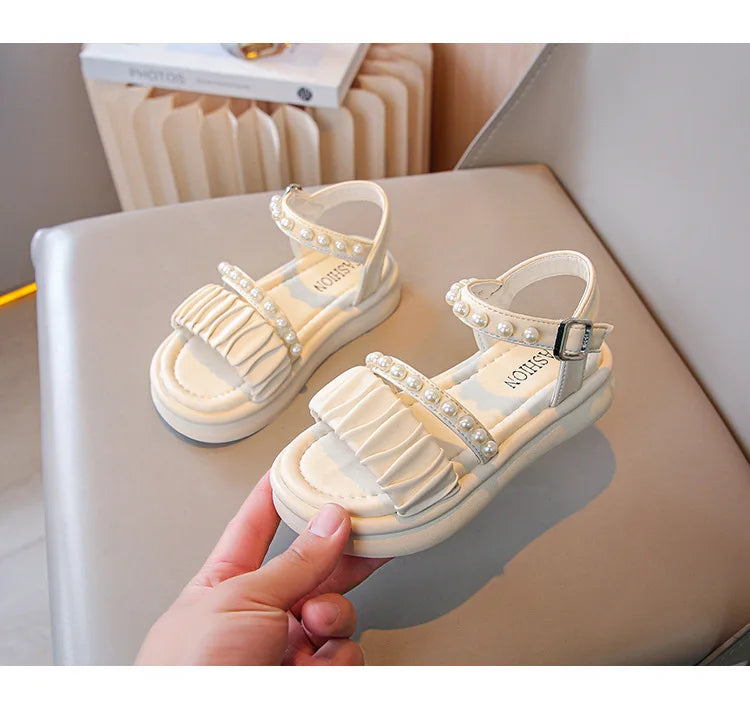 Girls Sandals Kids Summer Shoes Children's Beach Sandals with Pearls Princess Sweet Anti-slippery Open Toes Lace Chic Beading