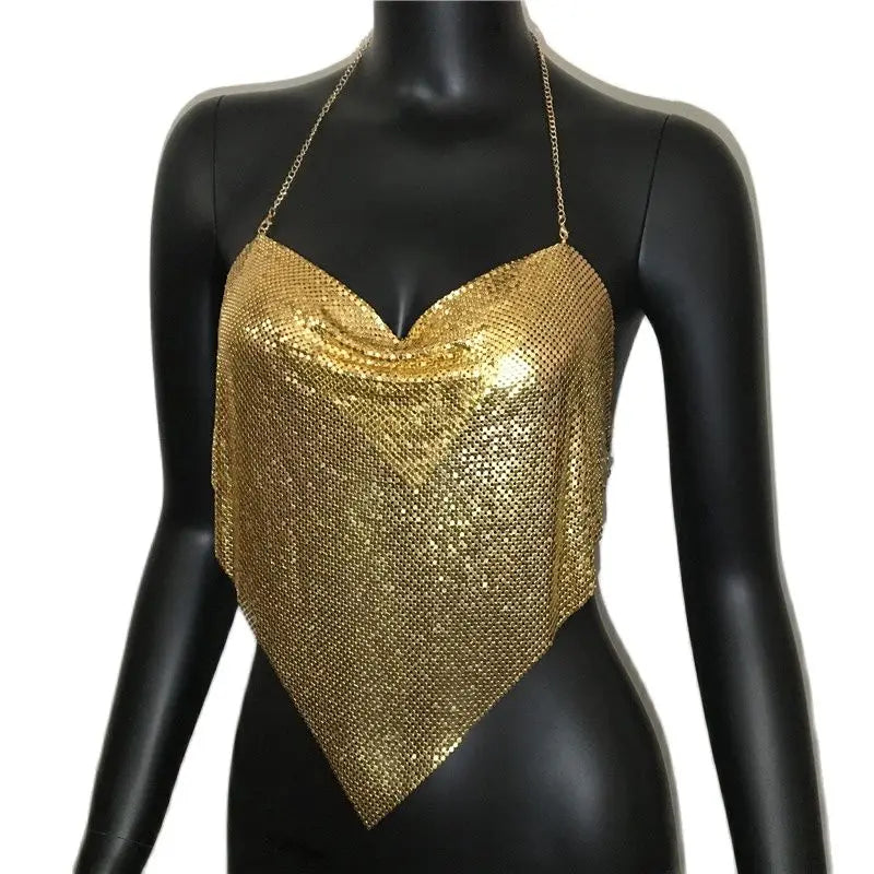 Shiny Metal Sequins Tank Tops For Women Sexy Backless V Neck Adjustable Chain Crop Top Lady Festival Rave Party Club Camisole