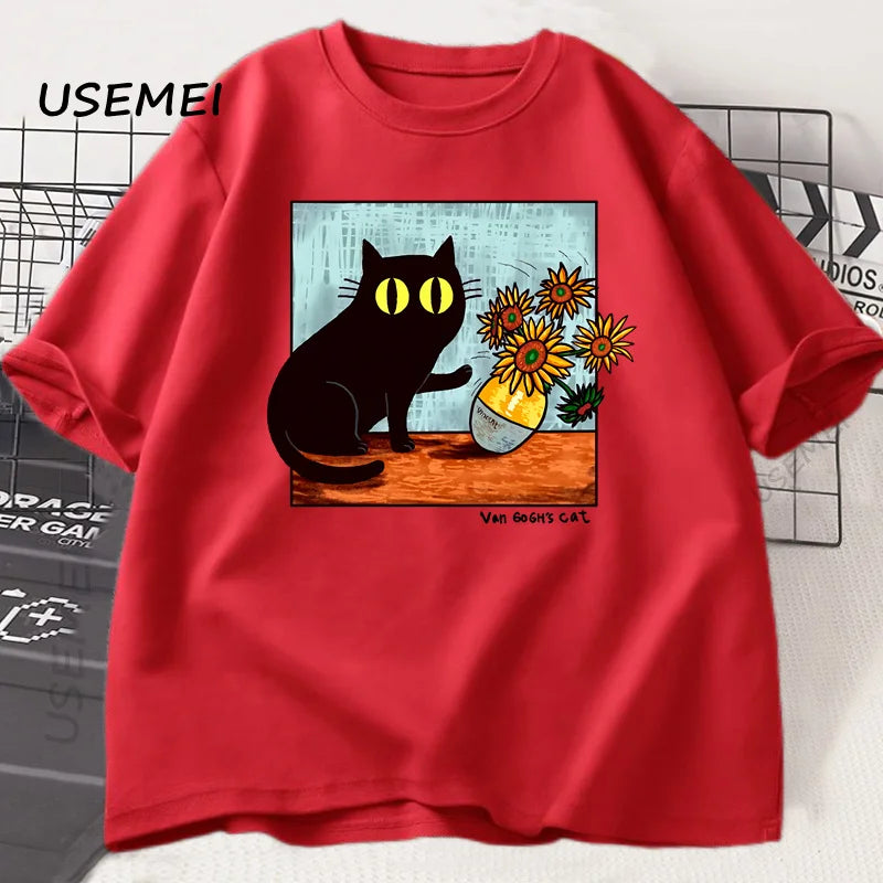 T Shirts Men Women Flower Black Cat T-shirt Round Neck Cotton Short Sleeve Trendy Tee Shirt Streetwear