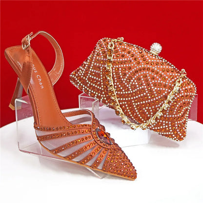 Elegant Fruit Green Women's Heels and Rhinestone Handbag Set - Italian Design for Weddings and Parties