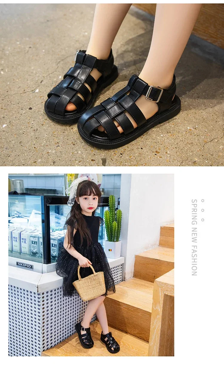 Children Hollow Out Shoes Boys Girls Roman Shoes British Style Non-slip Fashion Kids Toes Capped Shoes Peep Toe Solid Color