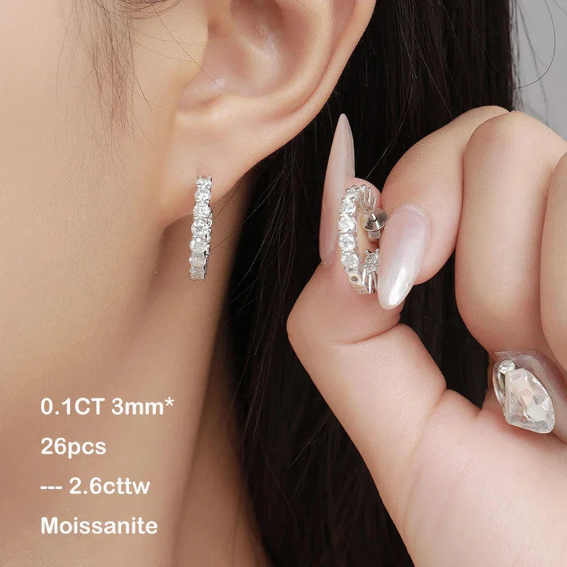 Sparkling D Color Full 3mm 2.6cttw Moissanite Hoop Earrings For Women S925 Silver Plated 18K Pass Diamond Test Earring Gift