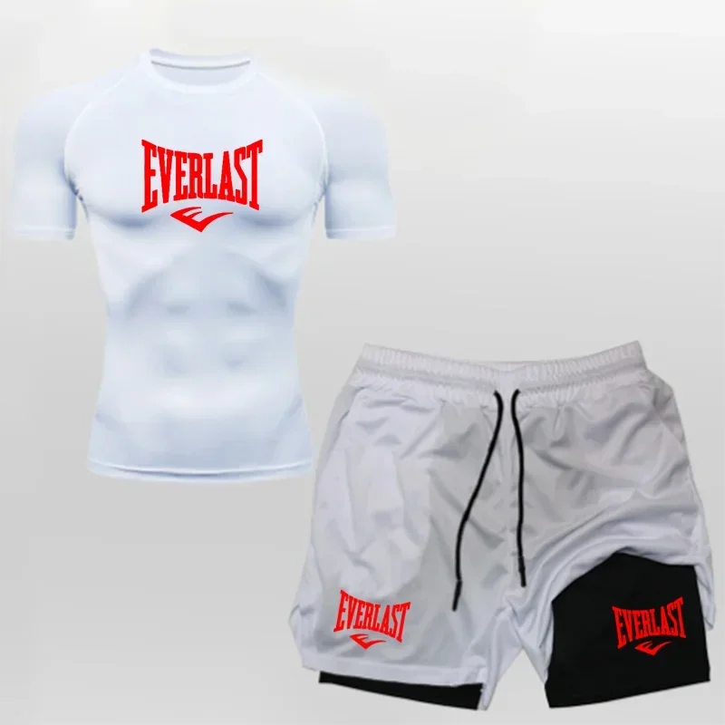 Men's Compress Shirt + 2-in-1 sports shorts 2pcs Set Leisure Breath Short Sleeve Sport Jogging Gym Brand Print Clothing