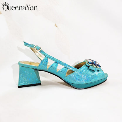 Special Synthetic Fabrics Design Teal Color Women's Matching Shoe and Bag Set  for Weddings and Parties