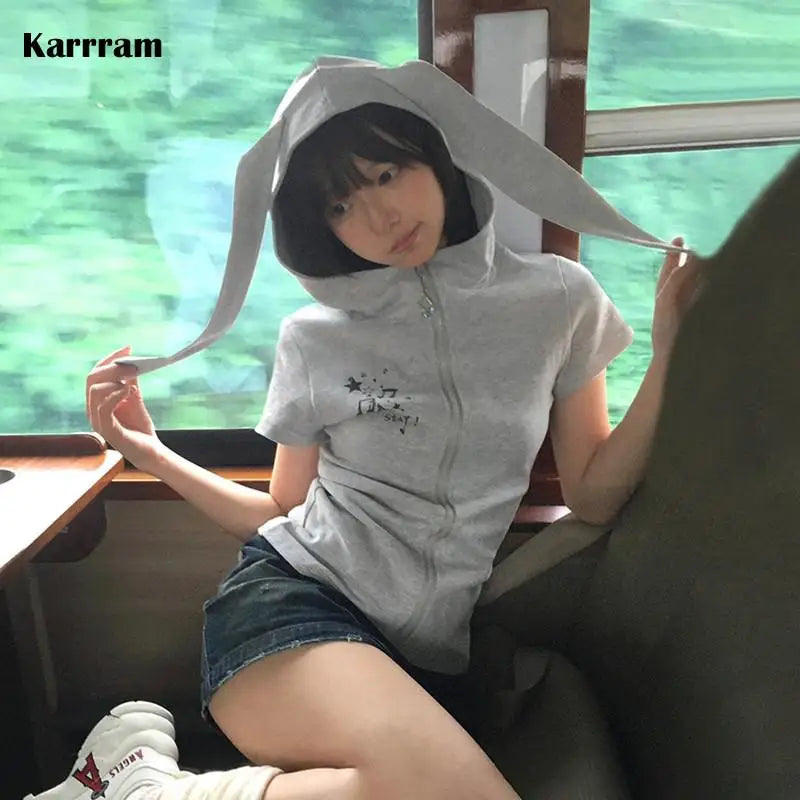 Japanese Y2k Hooded T-shirt Vintage 2000s Style Rabbit Ears Zipper Tops Harajuku Short Sleeve Thin Jacket Korean Popular