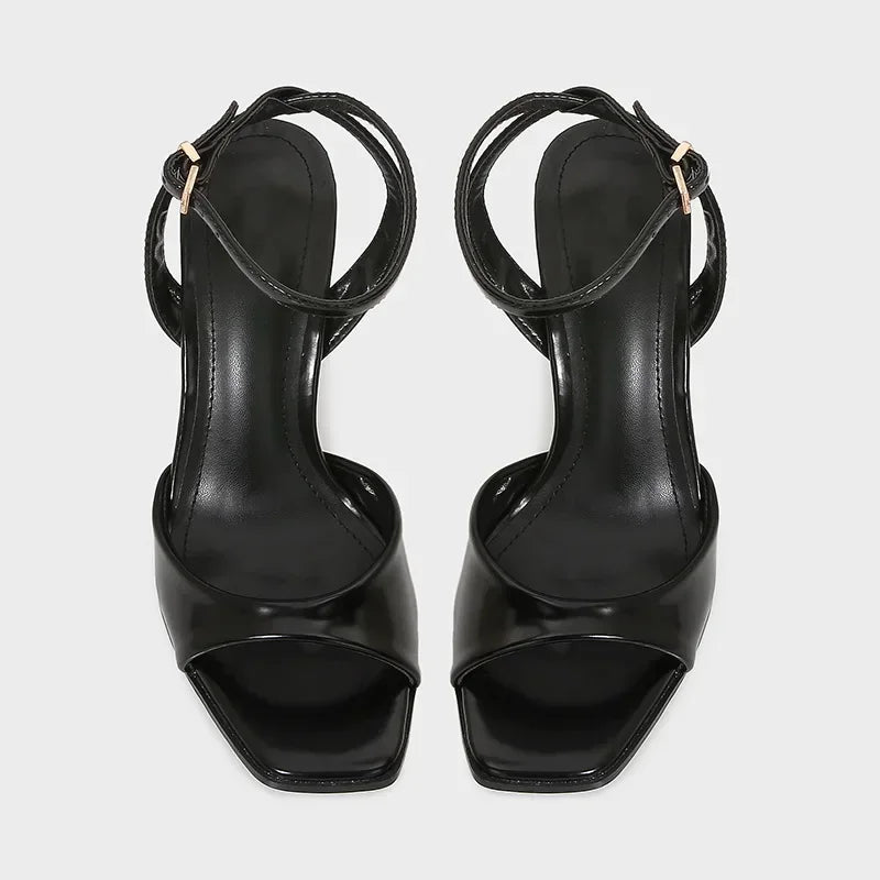 Designer Patent Leather Ankle Strap Buckle Heeled Sandals Women Sexy Square Toe Peep Toe High Heels Summer Elegant Office Shoes