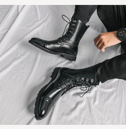Men Lace Up High-top Boots Fashionable Outdoor Black Combat Boots