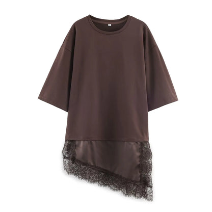 Women Vintage Solid Lace Patchwork T-Shirts Asymmetrical Hem O Neck Short Sleeve Shirt 2026 Trend High Street Lady Chic TEES