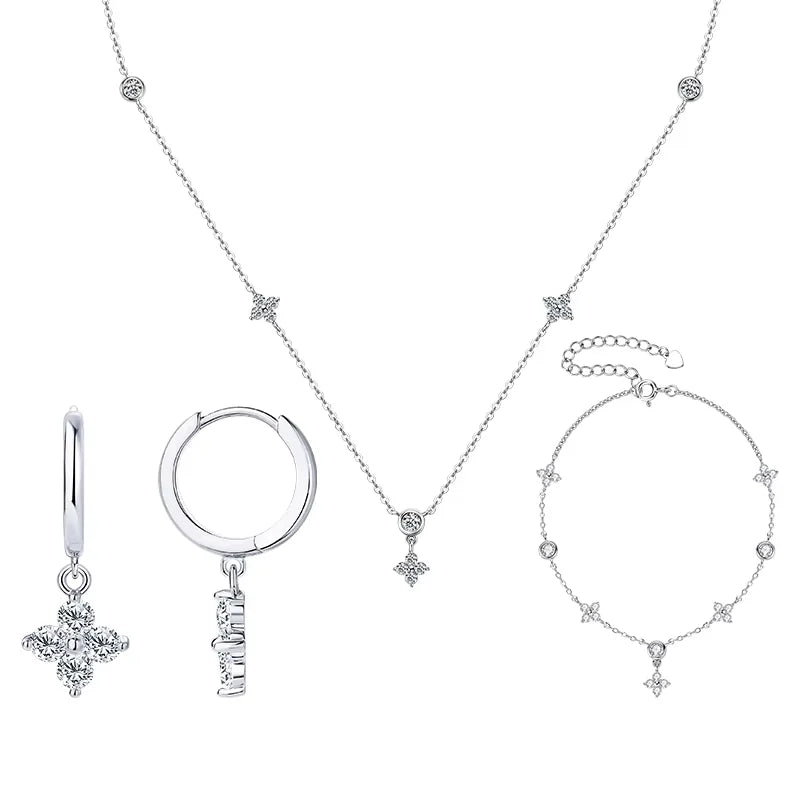 Moissanite Necklace Bracelet Earring 925 Sterling Silver Four Leaf Flower Pendant Moissanites Jewelry Set For Wedding Gift