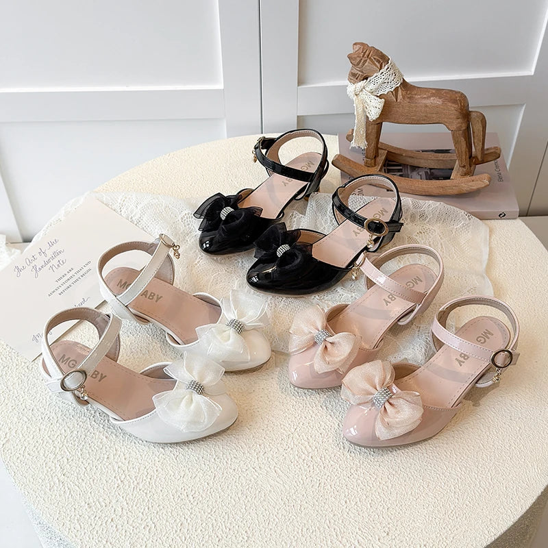 Girls Sandals Fashion Bow Girls High Heels Pink Kid Non-slip Princess Performance Shoes 3-18 Years Old Children's Leather Shoes
