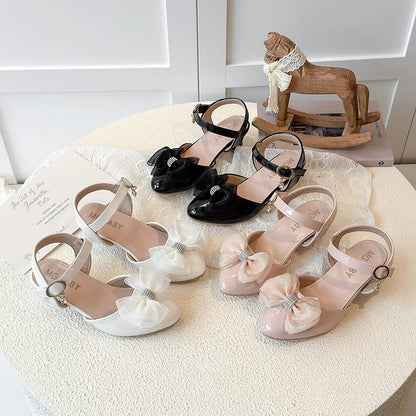 Girls Sandals Fashion Bow Girls High Heels Pink Kid Non-slip Princess Performance Shoes 3-18 Years Old Children's Leather Shoes
