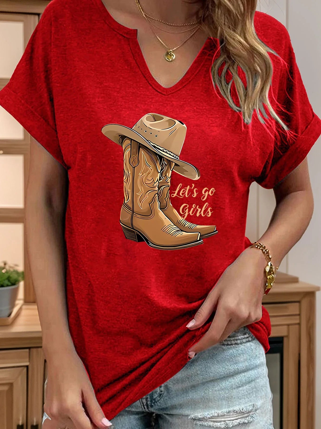 Let's Go Girls Cowboy Boots Letter Print Women T Shirt Short Roll-up Sleeve V-Neck Summer Casual Top T-shirts for Women