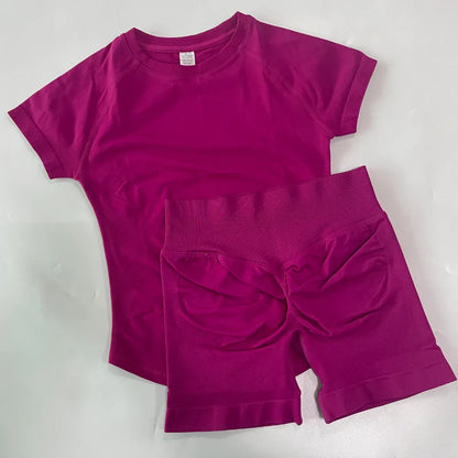 2 Piece Yoga Set Women Outfit Longline Short Sleeve Gym Crop Top High Waist Workout Shorts Sports Suit Fitness Clothes Gym Set