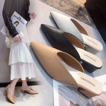Pointed Slippers Women High Heels 2025 New Summer Shoes Fashion Luxury Slides Slip Loafers Square Heel Female Party Shoes
