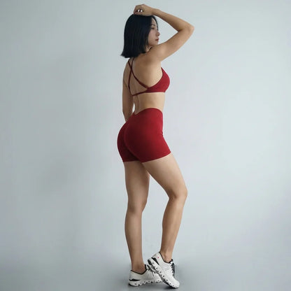 Women's Seamless Quick Dry Fitness Set Sports Bra And Hip Lifting V-Waist Yoga Shorts Pilates Training Clothing Gym Set