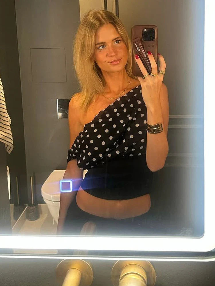 Puss Polka Dots Print T-Shirts Women Summer Trend Skew Collar Off Shoulder Backless Street Fashion Trend Ruched Crop Tops